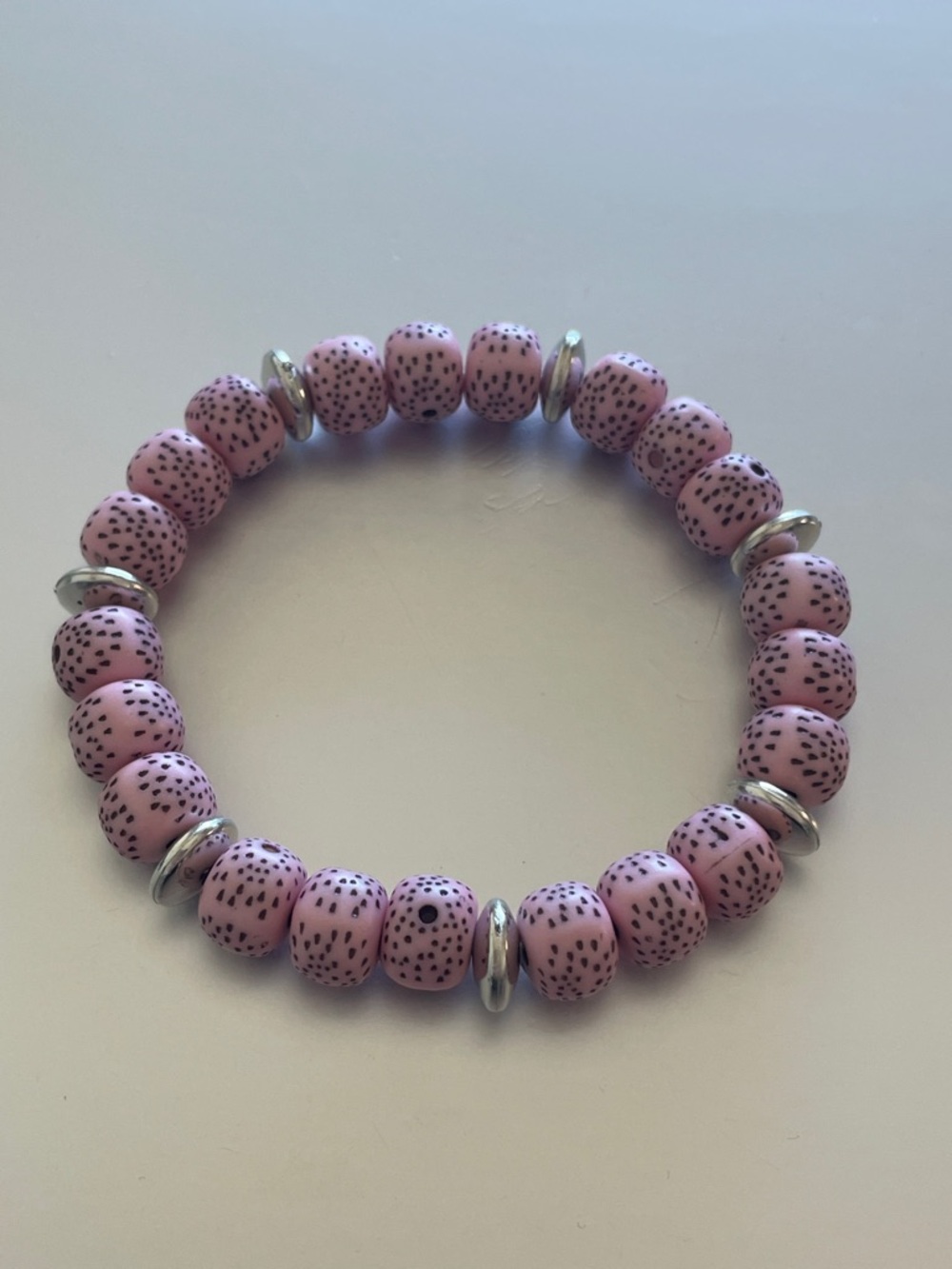 Pink Speckled Bead Stretch Bracelet with Silver Accents Acrylic Bracelet